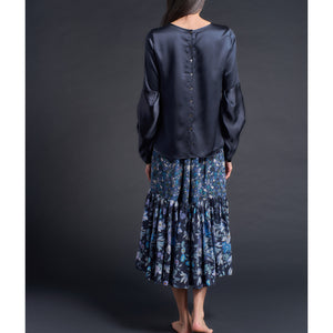 Anya Puffy Sleeve Blouse in Sapphire/ Black Silk Charmeuse