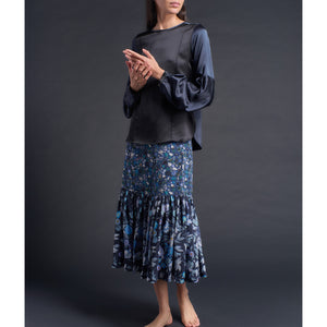 Anya Puffy Sleeve Blouse in Sapphire/ Black Silk Charmeuse