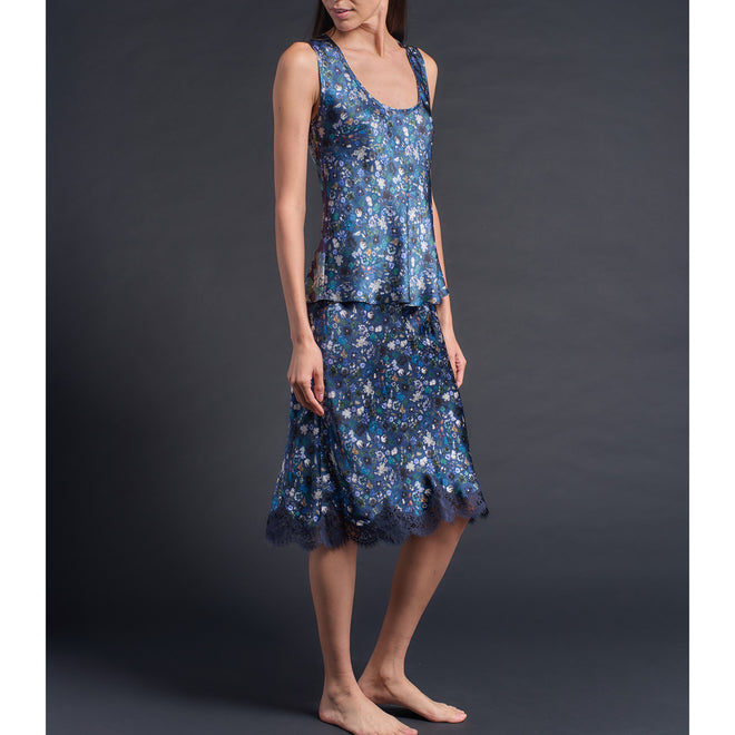 Kali Half Slip in Blue Edit Liberty Print Silk Charmeuse with Lace