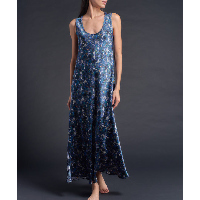 Ariadne Bias Cut Slip Dress in Blue Floral Edit + Stately Bouquet Liberty Print Silk Satin