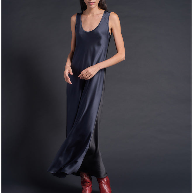 Ariadne Bias Cut Slip Dress in Sapphire Black Silk Charmeuse