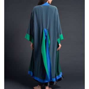 Asteria Kimono Robe in Silk Crepe De Chine Colorblock Greens
