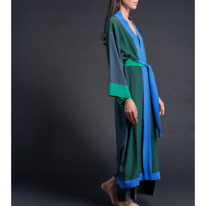 Asteria Kimono Robe in Silk Crepe De Chine Colorblock Greens