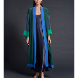 Asteria Kimono Robe in Silk Crepe De Chine Colorblock Greens