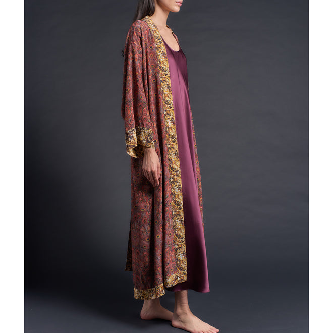 Asteria Kimono Robe in Brown Peacock Liberty of London Print Silk Crepe De Chine