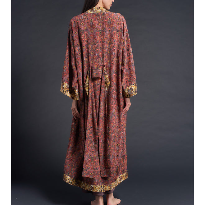 Asteria Kimono Robe in Brown Peacock Liberty of London Print Silk Crepe De Chine