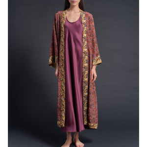 Asteria Kimono Robe in Brown Peacock Liberty of London Print Silk Crepe De Chine