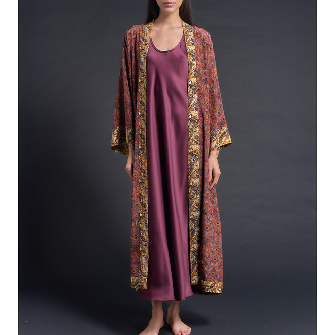 Asteria Kimono Robe in Brown Peacock Liberty of London Print Silk Crepe De Chine