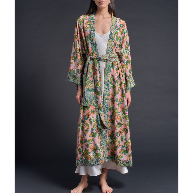Asteria Kimono Robe in Pink Osterley Liberty of London Print Silk Crepe De Chine