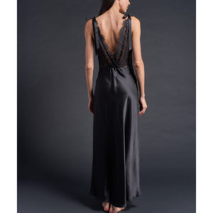 Ava Silk Charmeuse Slip Dress in Black with Lace Back