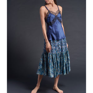 Brigitte Ruffle Skirt in Liberty Print Blue Felda Silk Crepe de Chine