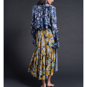 Longer Brigitte Ruffle Skirt in Liberty Print Ikat Silk Crepe de Chine