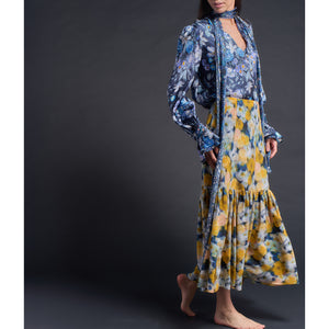 Longer Brigitte Ruffle Skirt in Liberty Print Ikat Silk Crepe de Chine
