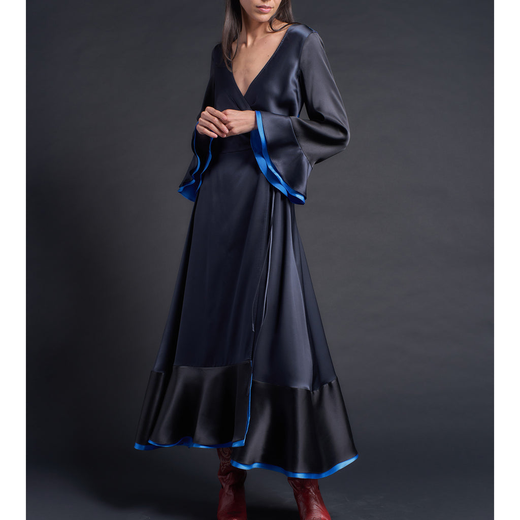 sapphire blue color dress Helena Wrap in Block Silk Charmeuse – LFrank CC corset dresses La Femme 27501 is Backless Detail Boat Neck Color:Brown Multi