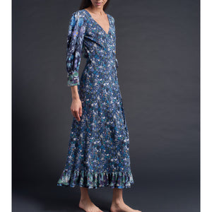 Hestia Wrap Dress in Blue Edit Composition Liberty Print Silk Crepe de Chine