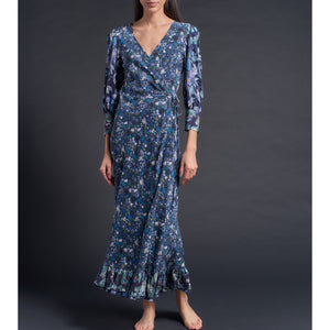 Hestia Wrap Dress in Blue Edit Composition Liberty Print Silk Crepe de Chine