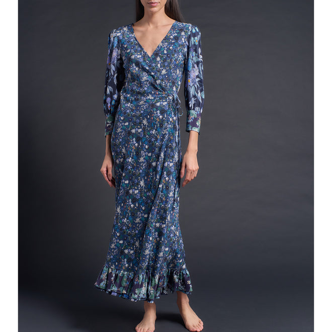 Hestia Wrap Dress in Blue Edit Composition Liberty Print Silk Crepe de Chine