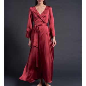 Iris Wrap Robe in Red Silk Charmeuse