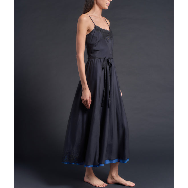 Lilia Slip Dress in Black/Tanzanite Double Layer Silk Cotton Voile w/ French Lace