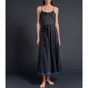 Lilia Slip Dress in Black/Tanzanite Double Layer Silk Cotton Voile w/ French Lace