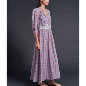 Maia Long Robe in Italian Cotton Red Blue Check