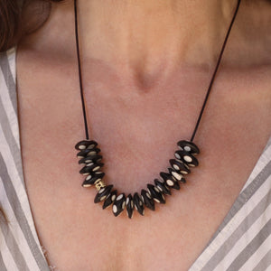 A Batik Dyed Black + White Polka Dot Bead Necklace