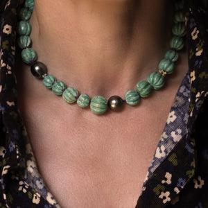 A Chalcedony, Tahitian + Keshi Pearl Gold Bead Necklace