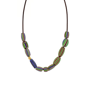 An African Green, Red, + Blue Striped Bead Necklace