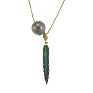 A Elongated Green Tourmaline + Pearl Chain Necklace