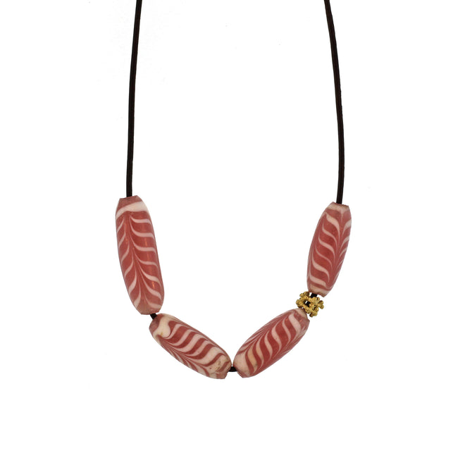 An Indonesian Pink + White Swirl Glass Bead Necklace