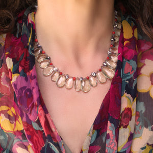 A Faceted Prasiolite, Coral, and Keishi Pearl Bead Knotted Silk Necklace