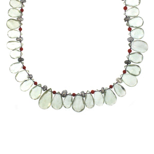 A Faceted Prasiolite, Coral, and Keishi Pearl Bead Knotted Silk Necklace