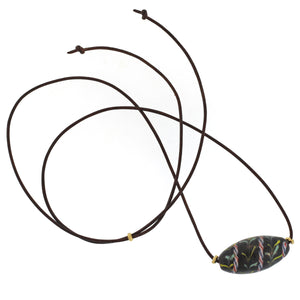 Antique Single Large Ovoid Bead Necklace on Leather Cord