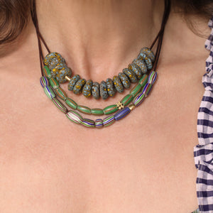An African Green, Red, + Blue Striped Bead Necklace