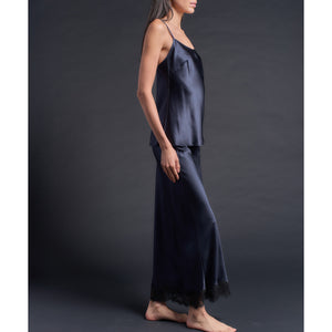 Kali Long Half Slip in Sapphire Silk Crepe Backed Heavy Satin with Lace