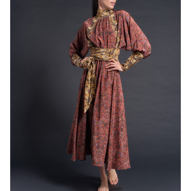 Victoria Open Backed Dress in Peacock Liberty Print Silk Crepe de Chine