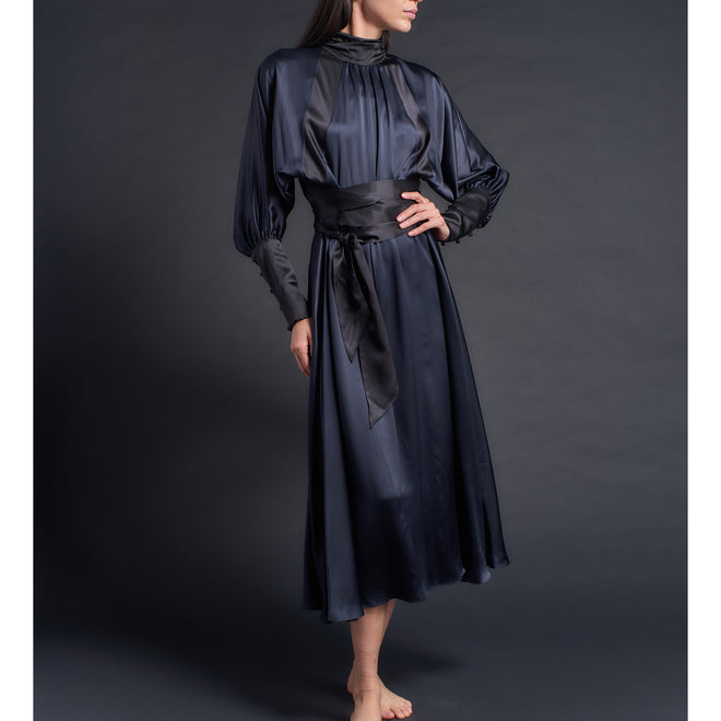 Victoria Open Backed Dress in Sapphire / Black Silk Charmeuse