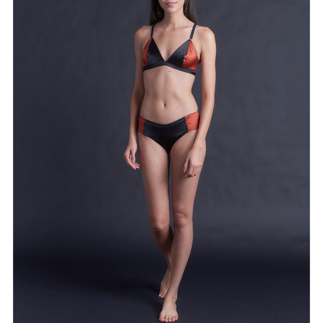 Lena Bikini Brief in Cinnabar & Black Stretch Silk Charmeuse