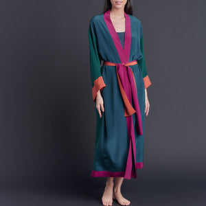 Asteria Kimono Robe in Silk Crepe De Chine Colorblock Tourmaline