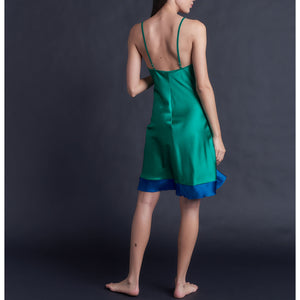 Athena Mid Length Slip Dress in Color Block Emerald & Tanzanite Silk Charmeuse