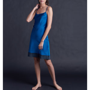 Athena Mid Length Slip Dress in Color Block Tanzanite Stretch Silk Charmeuse