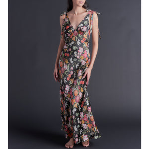 Ava Black Stately Bouquet Liberty Print Silk Charmeuse Slip Dress