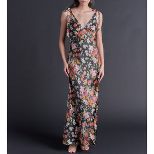 Ava Black Stately Bouquet Liberty Print Silk Charmeuse Slip Dress