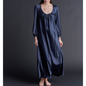 Long Bast Sleep Shirt in Sapphire Silk Charmeuse