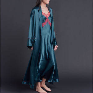 Marlayne Silk Charmeuse Slip in Peacock with Red Lace