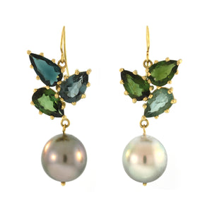 Green and Blue Tourmaline + Grey Tahitian Pearl Drop Earrings