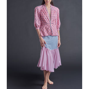 Brigitte Ruffle Skirt in Italian Cotton Pink Blue White Stripe