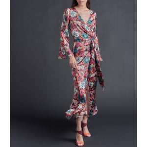 Iris Wrap Robe in Liberty Print Silk Charmeuse - Poppy