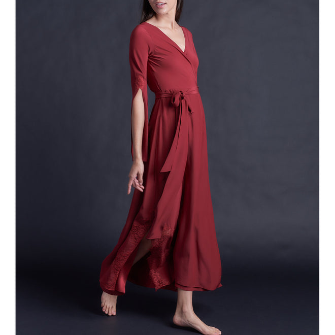 Iris Wrap Robe in Red Matte Silk Charmeuse