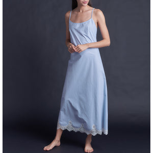 Juno Slip Dress in Italian Cotton Blue Stripe with Lace